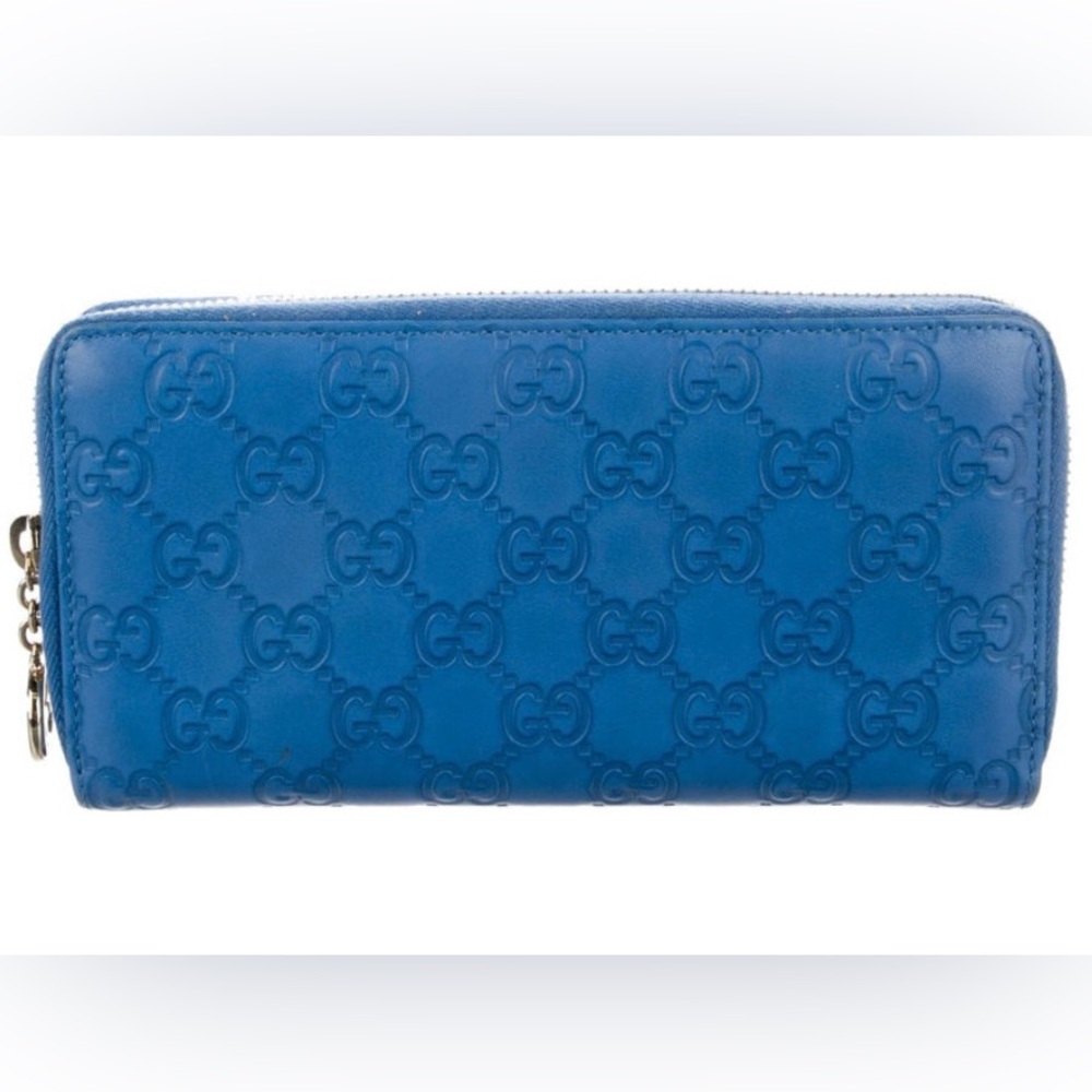 GUCCI SIGNATURE GUCCISIMA INTERLOCKING GG EMBOSSED BLUE LEATHER ZIPAROUND WALLET - Picture 16 of 16